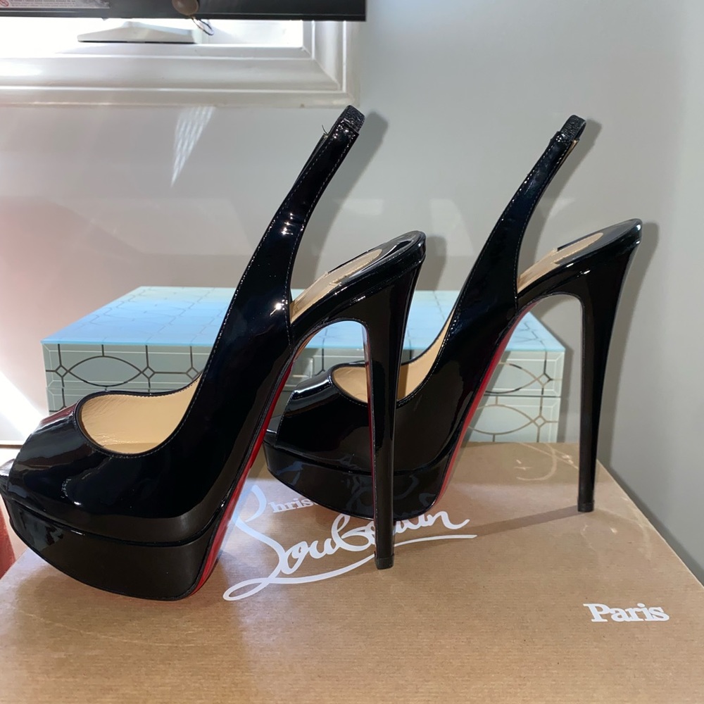 Lady Peep Sling 150 patent calf